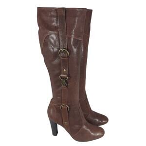 CHARLES DAVID! PECAN BROWN GENUINE LEATHER VERTICAL STRAP/BUCKLE BOOTS! SZ 8.5M